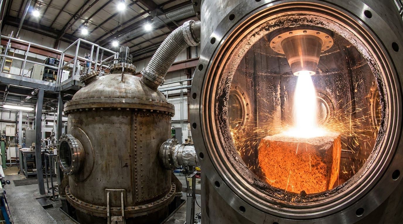 A massive, heavily reinforced steel pressure vessel stands in a brightly lit industrial laboratory. A thick corrugated metal pipe enters the top of the sealed chamber. Inside, visible through a thick observation window, a blinding white-hot beam of energy blasts downwards from a cone-shaped metal nozzle, vaporizing a deep glowing crater into a giant block of rough granite. Sparks and molten rock violently spray outward against the interior steel walls, freezing into patches of dark glass.