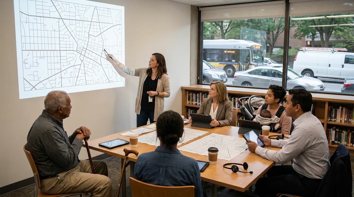 In a neighborhood library meeting room, a bus rider with a cane, a shop owner, a young parent, and a city planner sit around shared tablets and paper maps. A facilitator points to an unlabeled street map projected on a wall. Outside the window, a bus passes parked cars and a loading van. The mood is serious but calm, with coffee cups, accessibility devices, and translation headsets visible.