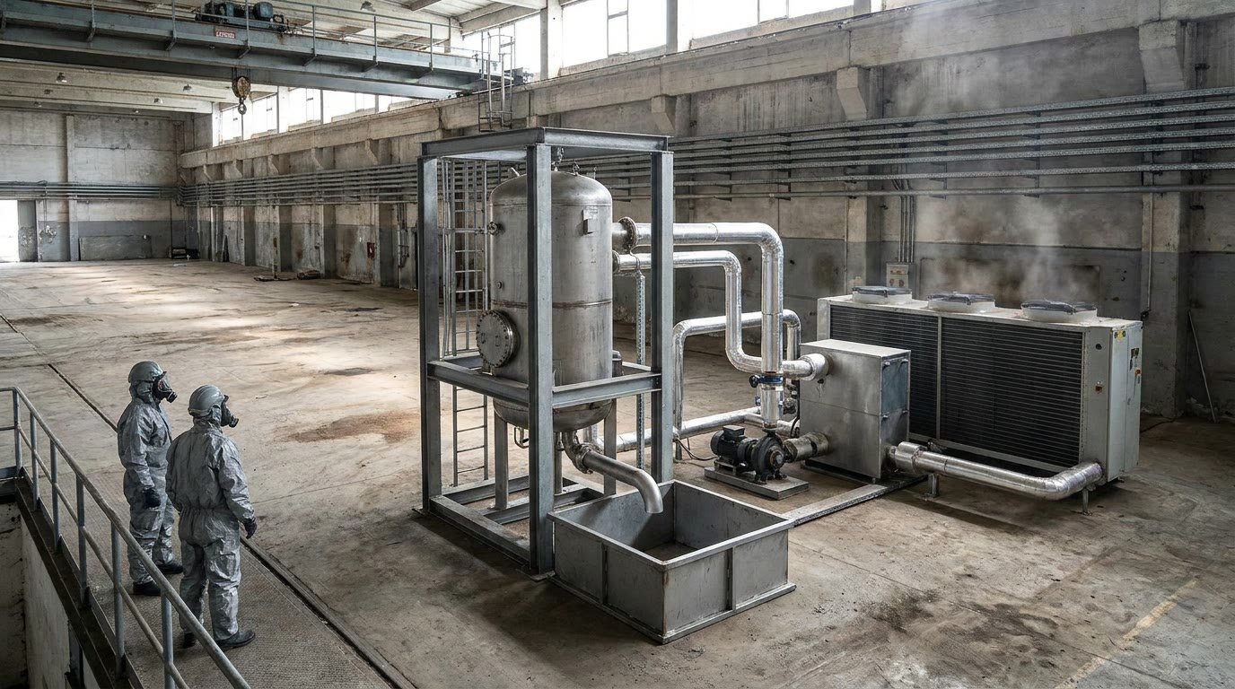 In a concrete laboratory hall, a compact vertical metal vessel stands in a steel frame, insulated pipes looping to a pump and a boxy exchanger, then to a finned air cooler whose fans throw a faint heat shimmer. A short drain drops from the vessel base into a low shielded tank. Two workers in protective suits watch from a railing. A crane and cable trays hang overhead in ordinary daylight. No flame, no glow.
