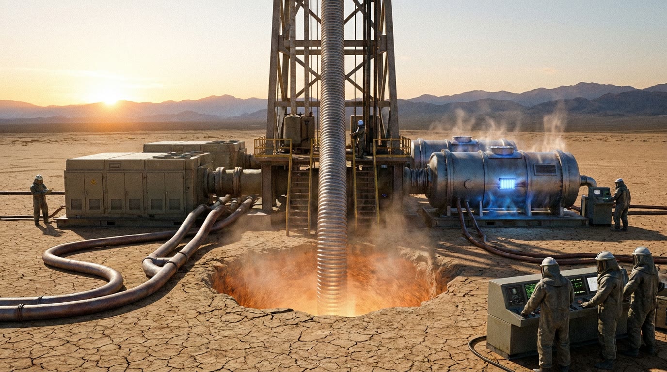 A towering industrial drilling rig stands on a vast, arid plain. Instead of a mechanical drill string, the rig suspends a thick, corrugated metallic waveguide plunging vertically into a glowing, heat-hazed borehole. At the base of the rig sits a cluster of heavy, boxy gas compressors and a sleek, cylindrical high-voltage module radiating a faint hum. Thick cooling pipes snake across the dirt. Workers in heavy protective gear monitor the machinery through intense, rippling heat distortion.