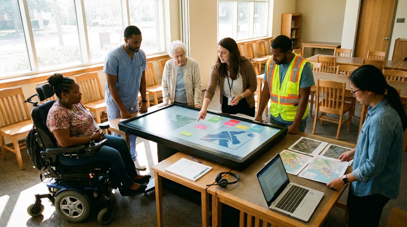 In a bright public library meeting room, a wheelchair user, a night-shift nurse, an elderly shop owner, and a city engineer gather around a large touchscreen showing maps and colored option cards with no readable text. Paper forms, a phone headset, and a laptop sit nearby. A facilitator points calmly while another resident compares printed maps at a table; sunlight falls across the room.