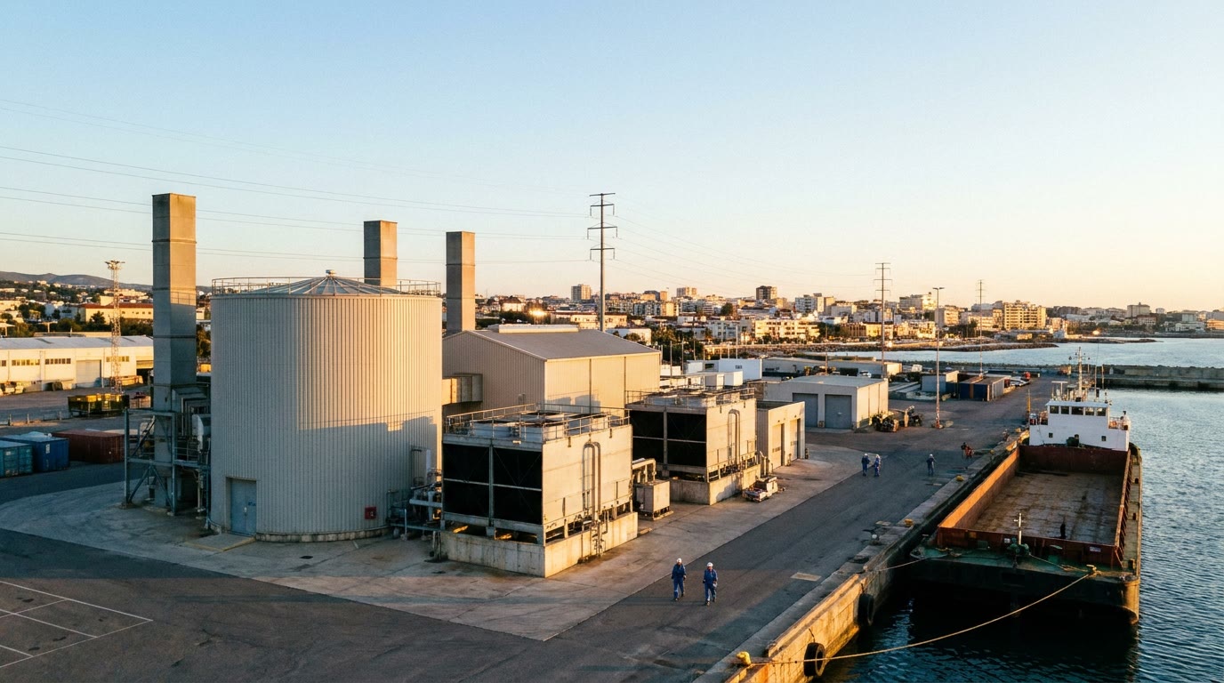 A low industrial plant runs on a concrete pad beside a working harbor in late-afternoon light. Above grade sit a compact cylindrical hall, a smaller turbine building, and low boxy coolers, with square chimneys rising nearby. Power lines run toward a coastal city where lights are coming on. A barge rests at the quay. A few workers in ordinary coveralls walk the pad. The air is clear and no smoke leaves the plant.