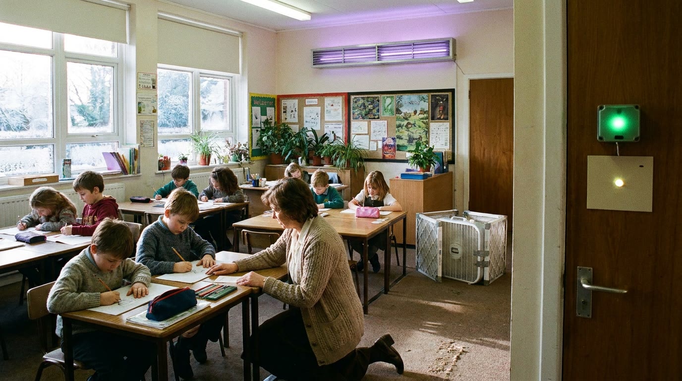A sunlit primary-school classroom in winter, frost on the windows. Children bent over their desks, a teacher kneeling beside one. In the corner a homemade cube of four furnace filters taped around a box fan hums on the floor. High on the wall a slim louvered metal fixture casts a faint violet sheen across the ceiling. Beside the door a palm-sized sensor box glows green, and a hallway-facing plaque beneath it carries a single bright indicator light.