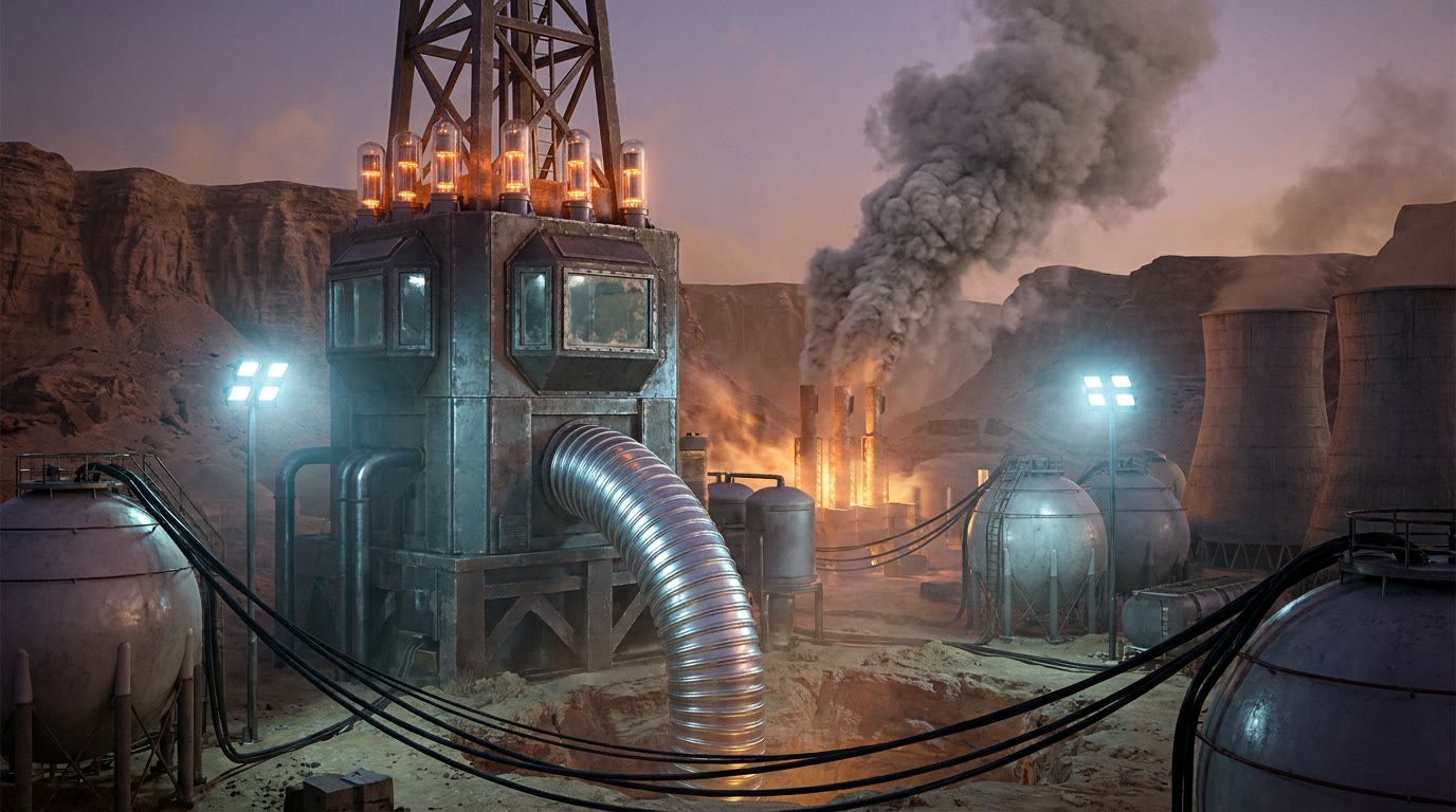 A heavy-duty drilling site in a rugged, remote desert at twilight, illuminated by stark floodlights. Instead of a traditional derrick, the central rig features a blocky, industrial structure housing heavy vacuum tube machinery. A gleaming corrugated metal conduit descends into the earth. Intense heat distortion ripples the air above thick exhaust pipes violently venting a continuous plume of fine, gray ash. The site is surrounded by massive pressurized gas tanks, heavy power cables, and industrial cooling towers.