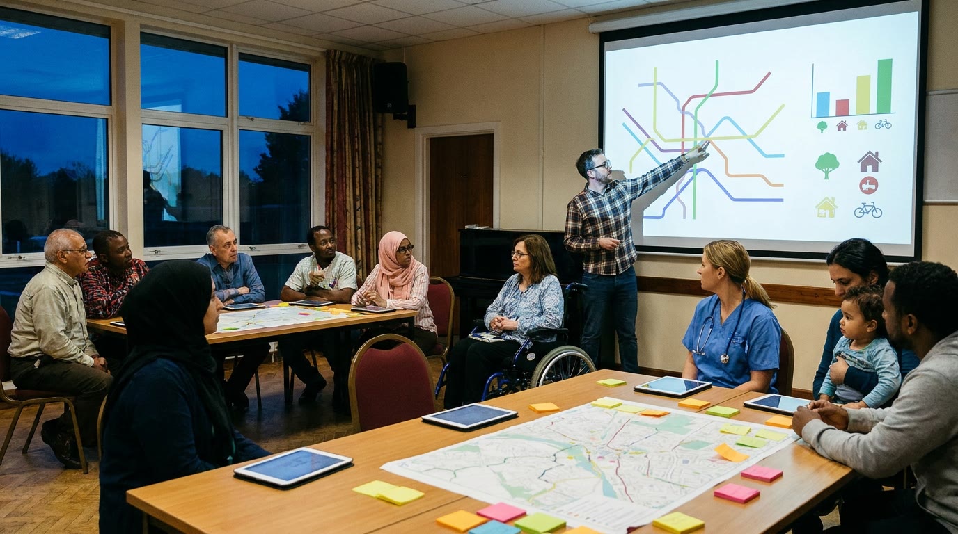In a modest community hall at dusk, residents of different ages and backgrounds sit around shared tables with tablets, paper maps, and sticky notes. A facilitator points to a large wall screen showing simple colored routes, cost bars, and outcome icons without readable text. A wheelchair user, a nurse in scrubs, and a parent with a child participate attentively.