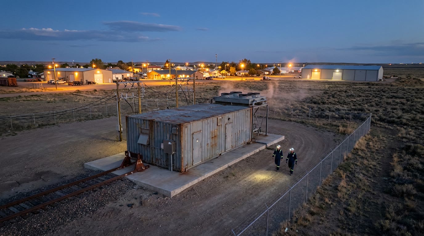 At dusk, a compact steel module the size of a few rail cars rests on a concrete pad beside a rail spur and a low turbine hall. Short power lines run toward a nearby town where workshops, streetlights, and a cold-storage shed are already lit. Two workers in ordinary coveralls walk the fenced path. There is no cooling tower and no plume, only a faint heat shimmer above a small cooler and scrub beyond the fence.