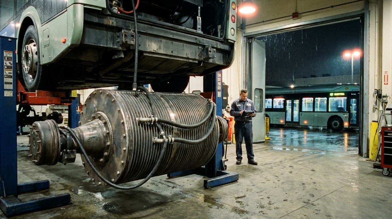 Evening in a bus depot service bay. An electric city bus sits raised on a lift, and beneath it a single welded steel cylinder with cooling fins is bolted to the rear axle, two coolant hoses clipped to its finned face and one thick cable running forward. A technician stands back with a handheld scanner; there is no drain pan, no oil, no open covers. Through the open bay door, another bus slows smoothly to a stop in the rain.