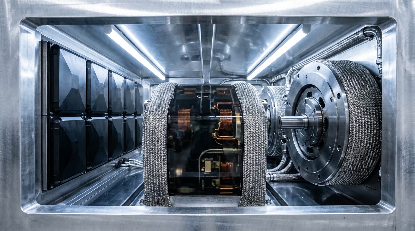 A dense, ultra-clean mechanical interior sealed within a thick, brushed metal casing. In the center, a dark, glossy block of potted resin encases the power electronics, tightly wrapped in a metallic mesh. To the left sits a flawless, repeating array of matte-black geometric blocks. On the right, a heavy machined-steel circular motor connects to a central shaft, also enveloped in the heat-scavenging mesh. The entire high-tech assembly is illuminated by stark, clinical lighting.