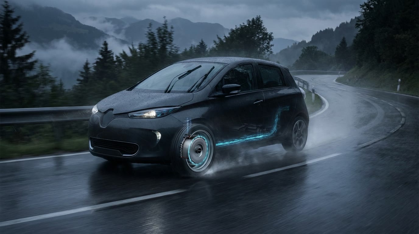 A compact electric car descends a wet mountain road at dusk, with one front wheel shown in realistic cutaway revealing a sealed annular motor around the hub. Rain spray trails from the tires, the road slopes downhill, and faint blue light suggests recovered energy flowing from the wheel into the chassis. No visible exhaust, no exposed gears, no branding, no words.