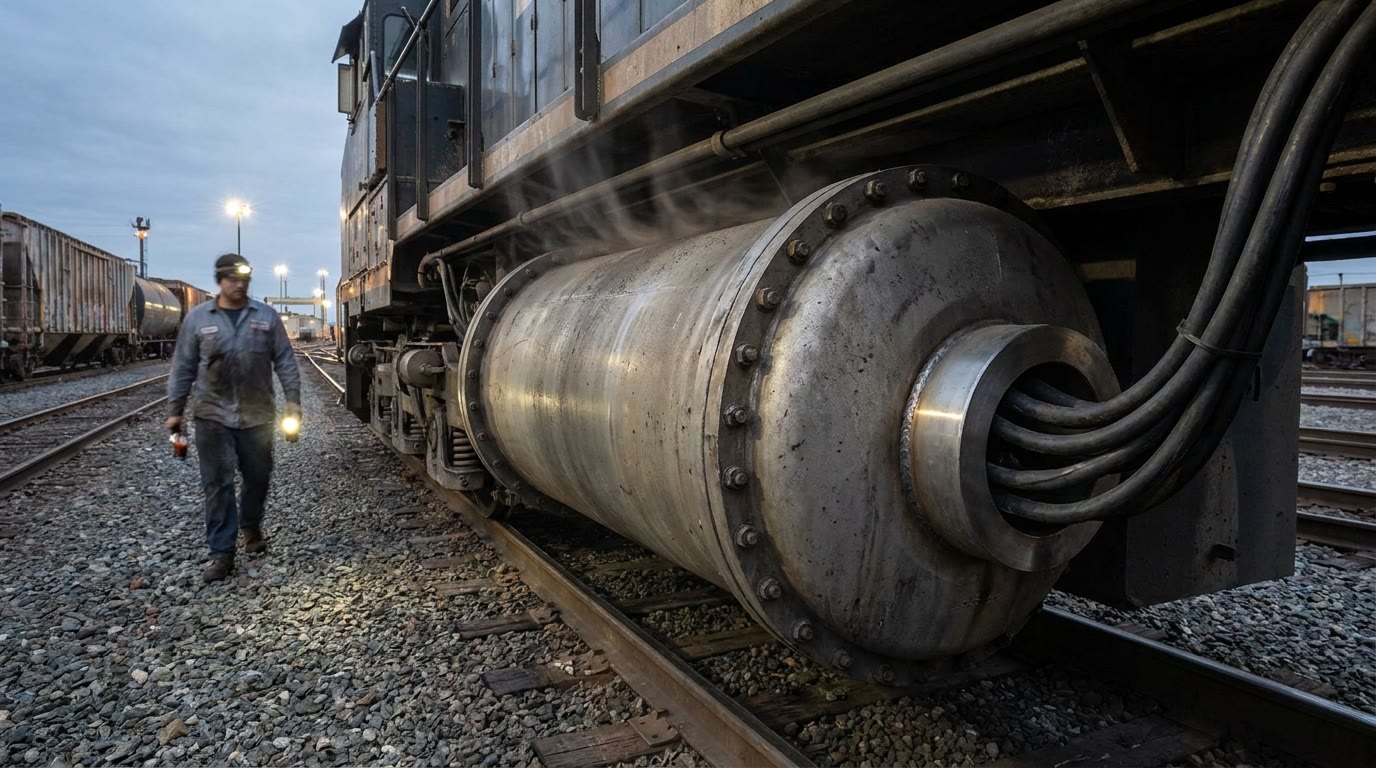 A heavy seamless steel cylinder is bolted into the underframe of a freight locomotive in a rail yard at dusk. Heat shimmers above the dull housing. Thick cables enter through a smooth welded collar. Dust coats the shell; there is no hatch. A mechanic walks past with a lamp and does not stop. The machine hums and the case stays closed.