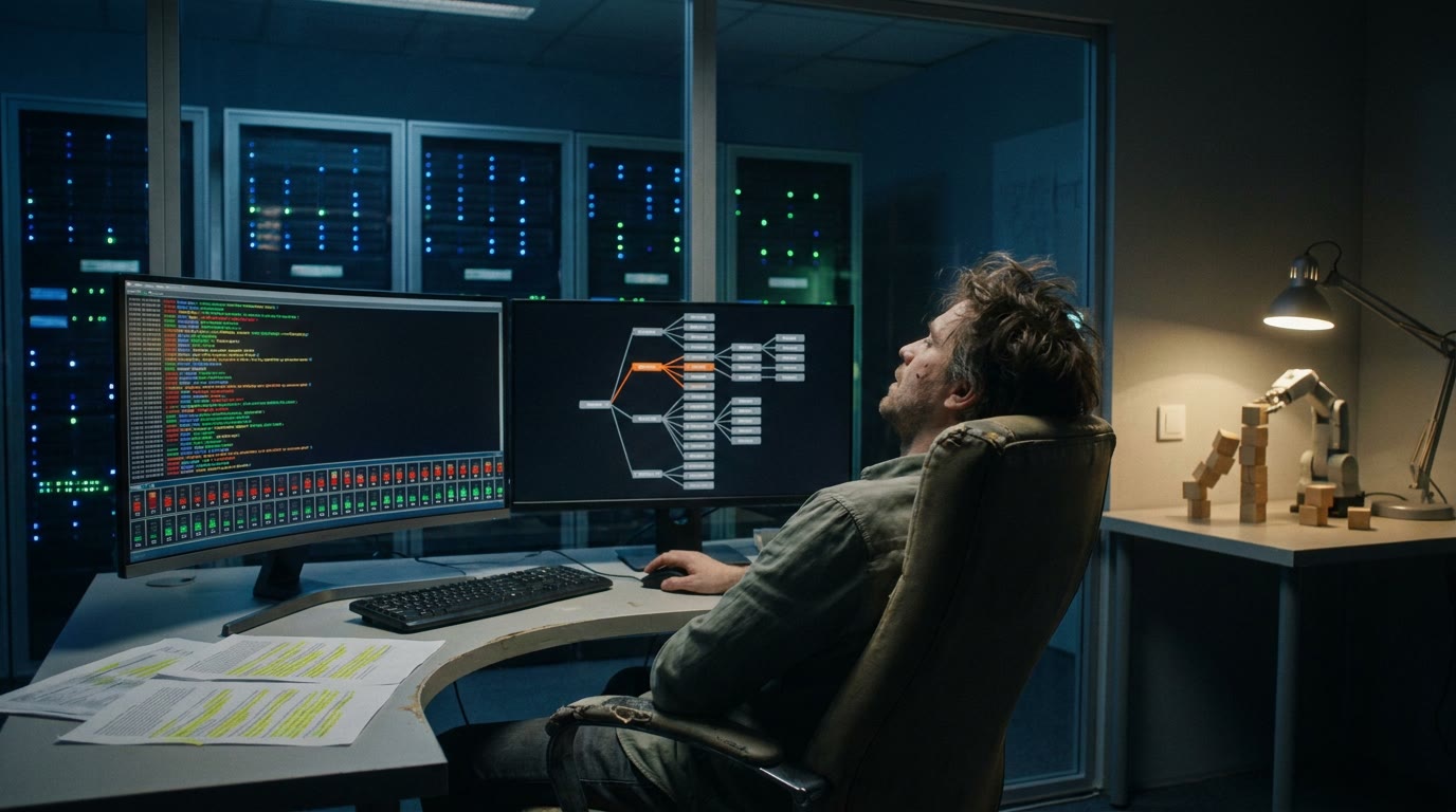 A dim engineering office late at night. An engineer leans back from a wide monitor where color-coded lines scroll and a row of small indicators flicks between red and green, a second screen beside it showing a long branching tree of attempts, most pruned, one highlighted. Through a glass wall, server racks blink. On the desk, printouts streaked with highlighter. In the corner a small robot arm practices stacking blocks under a lamp, one block toppled.