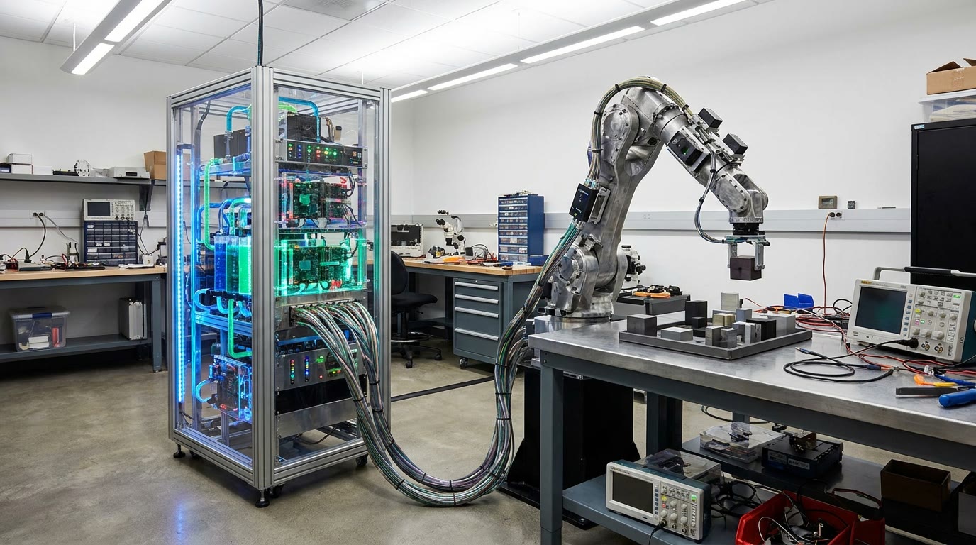 A specialized liquid-cooled processing rack situated on the floor of a brightly lit robotics laboratory. A heavily articulated mechanical arm manipulates basic physical objects on a testing bench nearby. The robot's sensory arrays are physically tethered by thick fiber-optic bundles directly into the glowing, transparent housing of the processing-in-memory chips. The scene blends the raw, messy reality of a physical physics experiment with clean, highly compressed, next-generation computational hardware.