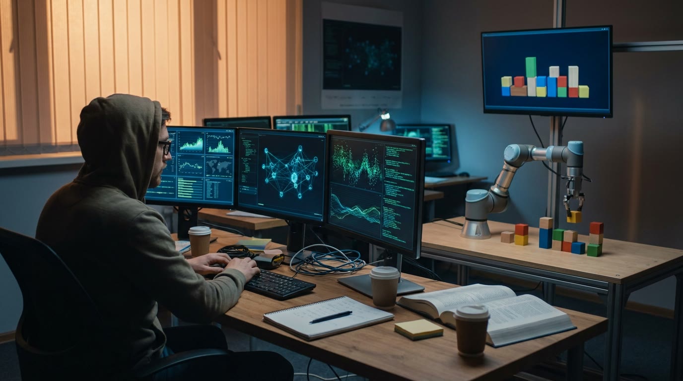 A researcher sits at a desk facing several glowing screens showing abstract nodes, arrows, and charts with no readable text, while a small robot arm moves blocks on a tabletop. Another screen shows a simulation changing after a test. Notebooks, cables, and reference books surround the workstation, while calm evening lab light emphasizes the system learning from actions and results.