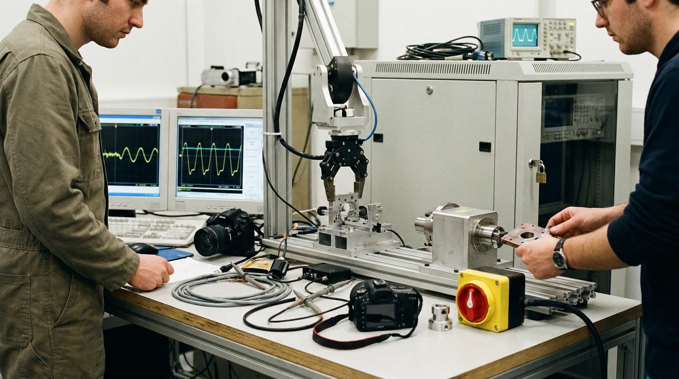 In a bright, ordinary engineering lab, a person watches a robotic gripper adjust a small metal assembly on a bench crowded with cameras, probes, and cables, while waveform traces glow on nearby monitors. Across the bench, a second person deliberately feeds the running machine bad cases, waiting to see if it halts and corrects itself. A heavy cutoff switch and a locked computer rack stand within arm's reach. The work looks careful and unglamorous.